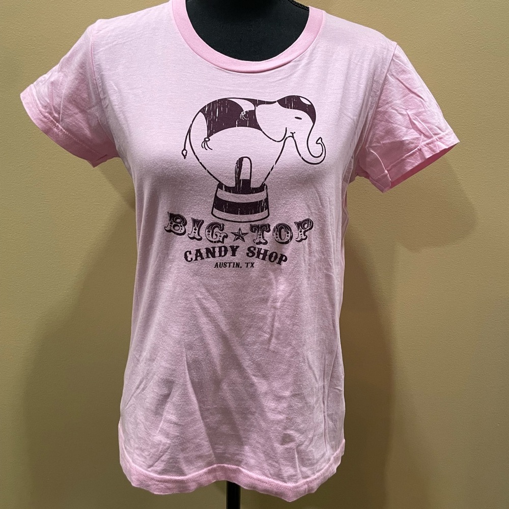 Big Top Candy Shop Austin Texas Woman’s Shirt L Pink Circus Pinup Elephant